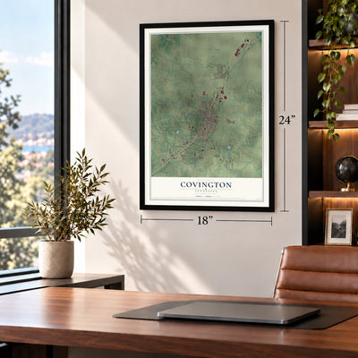 Covington, Tennessee map, 18 x 24 inch print in a black frame in a home office