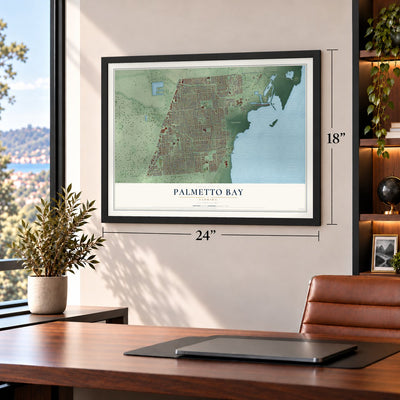 Palmetto Bay, Florida map, 18 x 24 inch print in a black frame in a home office