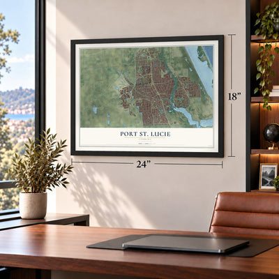 Port St. Lucie, Florida map, 18 x 24 inch print in a black frame in a home office
