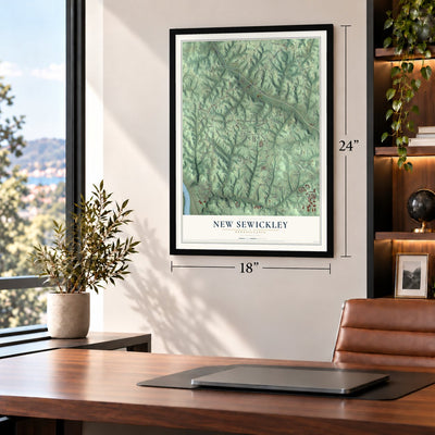 New Sewickley, Pennsylvania map, 18 x 24 inch print in a black frame in a home office
