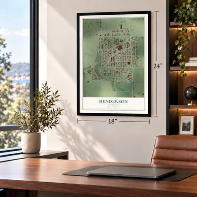 Henderson, Nebraska map, 18 x 24 inch print in a black frame in a home office