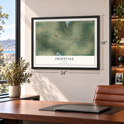 Fruitvale, Texas map, 18 x 24 inch print in a black frame in a home office