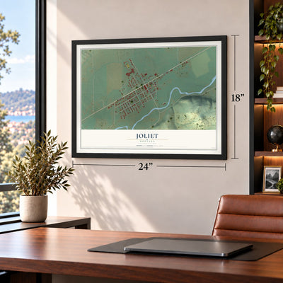 Joliet, Montana map, 18 x 24 inch print in a black frame in a home office