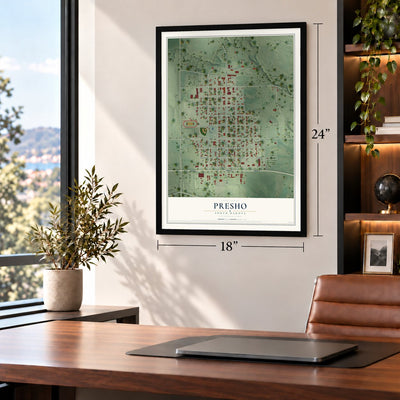 Presho, South Dakota map, 18 x 24 inch print in a black frame in a home office