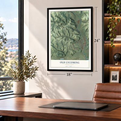 Old Lycoming, Pennsylvania map, 18 x 24 inch print in a black frame in a home office