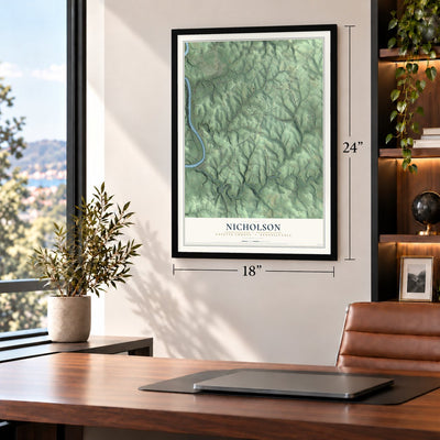 Nicholson, Fayette County, Pennsylvania map, 18 x 24 inch print in a black frame in a home office