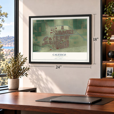 Calexico, California map, 18 x 24 inch print in a black frame in a home office