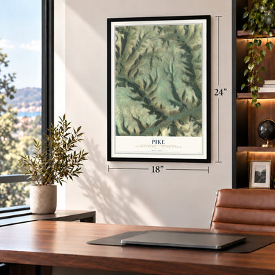 Pike, Potter County, Pennsylvania map, 18 x 24 inch print in a black frame in a home office