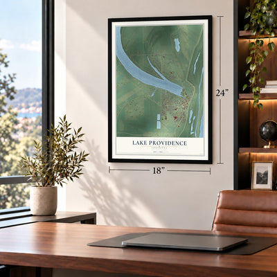 Lake Providence, Louisiana map, 18 x 24 inch print in a black frame in a home office