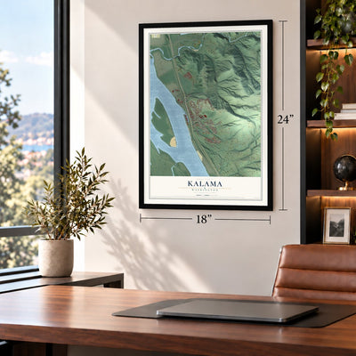 Kalama, Washington map, 18 x 24 inch print in a black frame in a home office