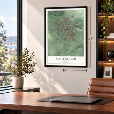 Battle Ground, Washington map, 18 x 24 inch print in a black frame in a home office