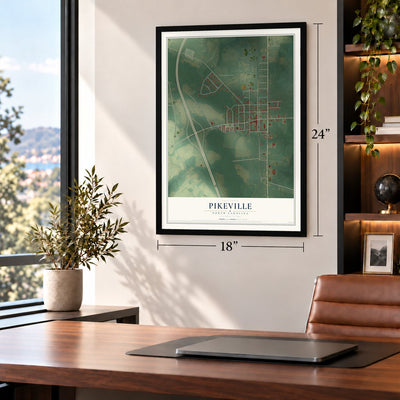Pikeville, North Carolina map, 18 x 24 inch print in a black frame in a home office