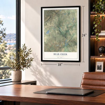 Bear Creek, Pennsylvania map, 18 x 24 inch print in a black frame in a home office