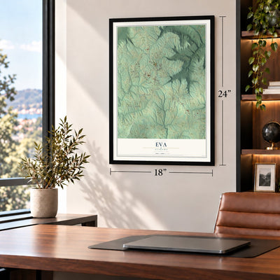Eva, Alabama map, 18 x 24 inch print in a black frame in a home office