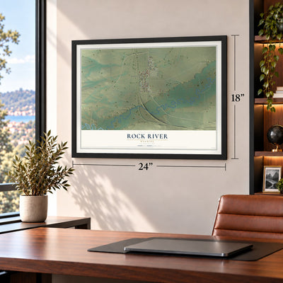 Rock River, Wyoming map, 18 x 24 inch print in a black frame in a home office
