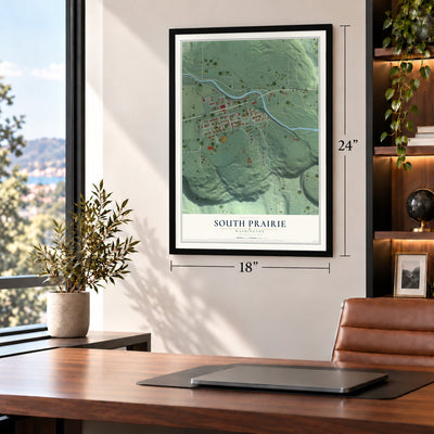 South Prairie, Washington map, 18 x 24 inch print in a black frame in a home office