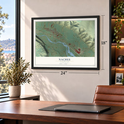Naches, Washington map, 18 x 24 inch print in a black frame in a home office