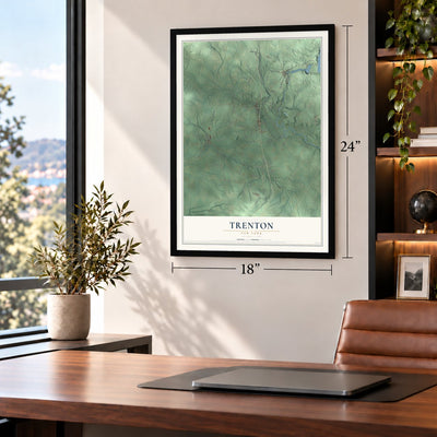 Trenton, New York map, 18 x 24 inch print in a black frame in a home office