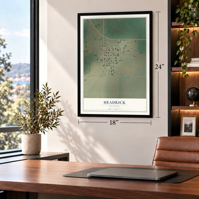 Headrick, Oklahoma map, 18 x 24 inch print in a black frame in a home office