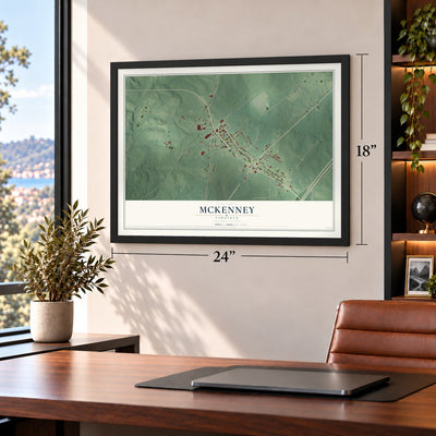 McKenney, Virginia map, 18 x 24 inch print in a black frame in a home office