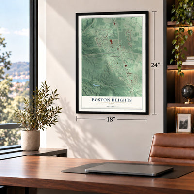 Boston Heights, Ohio map, 18 x 24 inch print in a black frame in a home office