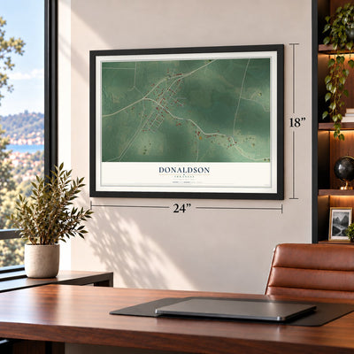 Donaldson, Arkansas map, 18 x 24 inch print in a black frame in a home office