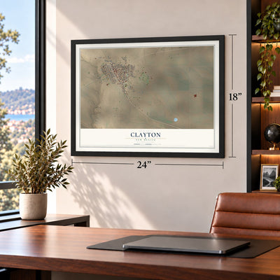 Clayton, New Mexico map, 18 x 24 inch print in a black frame in a home office