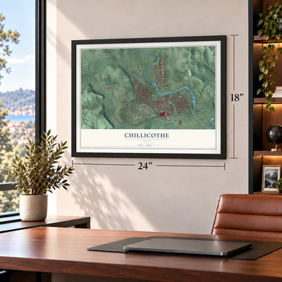 Chillicothe, Ohio map, 18 x 24 inch print in a black frame in a home office
