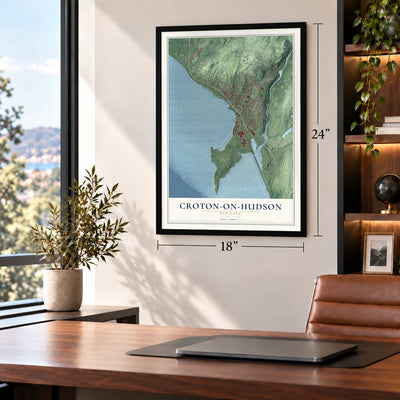 Croton-on-Hudson, New York map, 18 x 24 inch print in a black frame in a home office