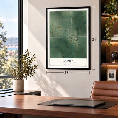 Soldier, Kansas map, 18 x 24 inch print in a black frame in a home office