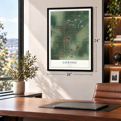 LaGrange, Ohio map, 18 x 24 inch print in a black frame in a home office