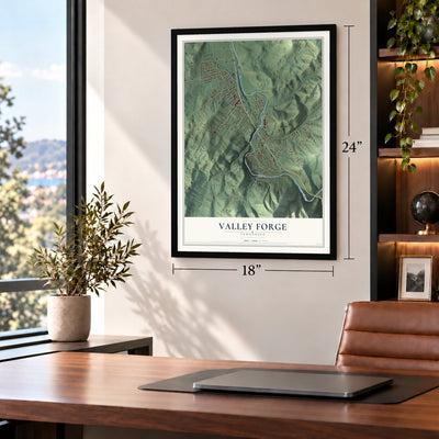 Valley Forge, Tennessee map, 18 x 24 inch print in a black frame in a home office
