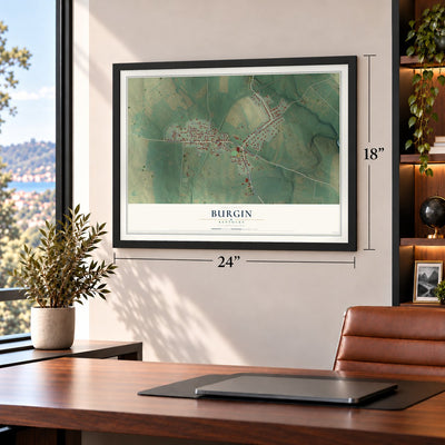 Burgin, Kentucky map, 18 x 24 inch print in a black frame in a home office