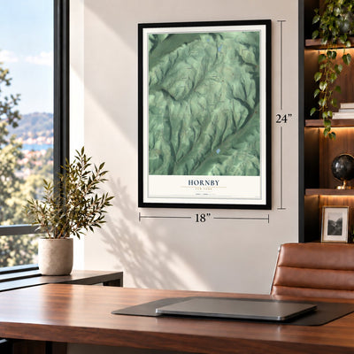 Hornby, New York map, 18 x 24 inch print in a black frame in a home office