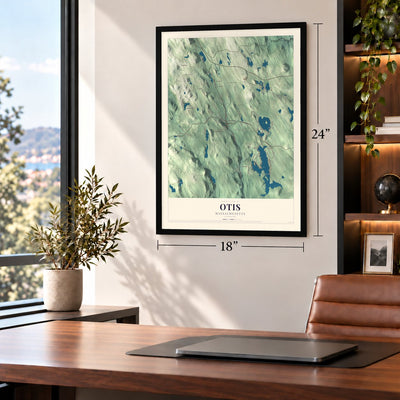 Otis, Massachusetts map, 18 x 24 inch print in a black frame in a home office