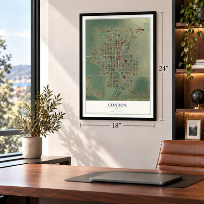 Condon, Oregon map, 18 x 24 inch print in a black frame in a home office
