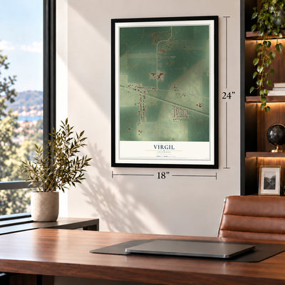 Virgil, Illinois map, 18 x 24 inch print in a black frame in a home office