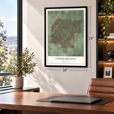 Citrus Heights, California map, 18 x 24 inch print in a black frame in a home office