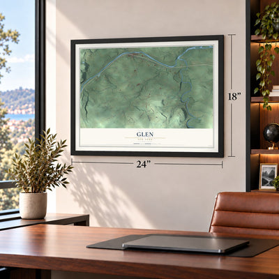 Glen, New York map, 18 x 24 inch print in a black frame in a home office