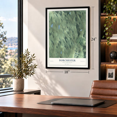 Dorchester, New Hampshire map, 18 x 24 inch print in a black frame in a home office