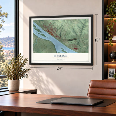 Steelton, Pennsylvania map, 18 x 24 inch print in a black frame in a home office