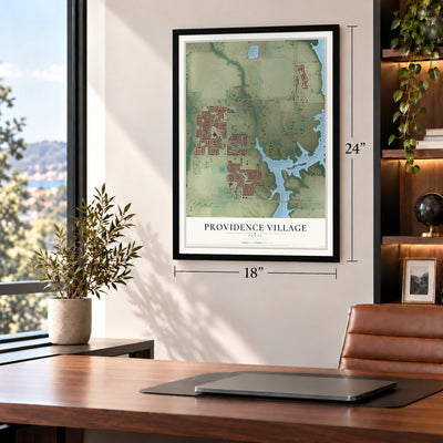 Providence Village, Texas map, 18 x 24 inch print in a black frame in a home office