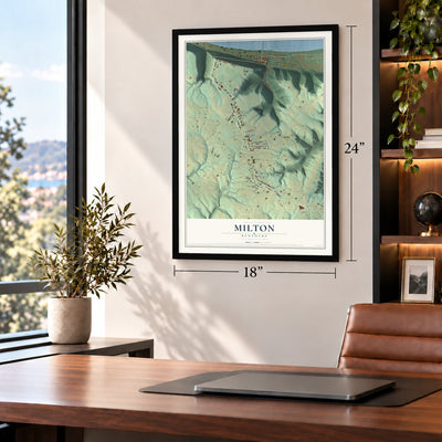 Milton, Kentucky map, 18 x 24 inch print in a black frame in a home office