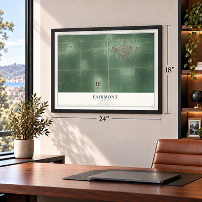 Fairmont, Nebraska map, 18 x 24 inch print in a black frame in a home office