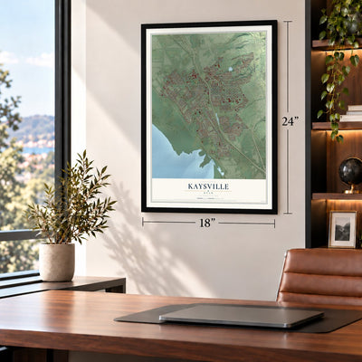 Kaysville, Utah map, 18 x 24 inch print in a black frame in a home office