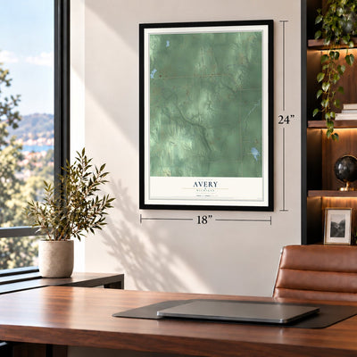 Avery, Michigan map, 18 x 24 inch print in a black frame in a home office