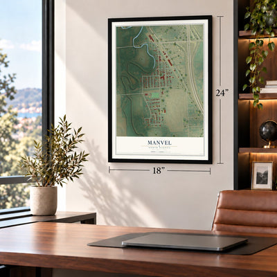 Manvel, North Dakota map, 18 x 24 inch print in a black frame in a home office