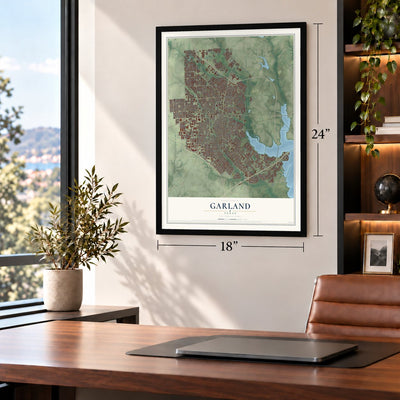 Garland, Texas map, 18 x 24 inch print in a black frame in a home office