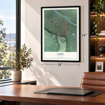 Libby, Montana map, 18 x 24 inch print in a black frame in a home office