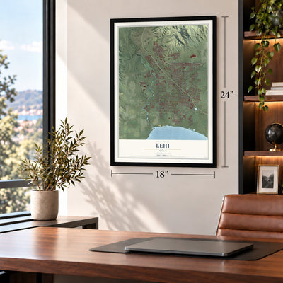 Lehi, Utah map, 18 x 24 inch print in a black frame in a home office